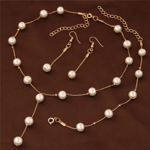 Graceful Pearl Fashion Slim Chain Fashion Necklace Bracelet and Earrings Combo Set - Golden