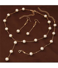 Graceful Pearl Fashion Slim Chain Fashion Necklace Bracelet and Earrings Combo Set - Golden