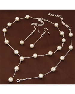 Graceful Pearl Fashion Slim Chain Fashion Necklace Bracelet and Earrings Combo Set - Silver