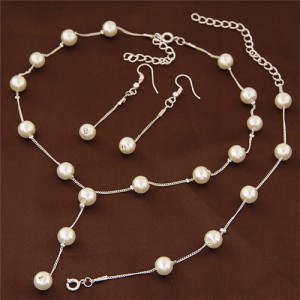 Graceful Pearl Fashion Slim Chain Fashion Necklace Bracelet and Earrings Combo Set - Silver