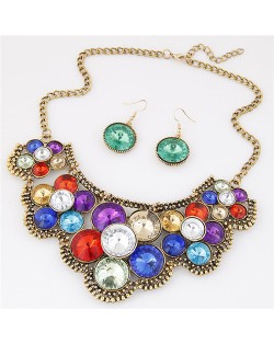 Multicolor Gems Flower Vintage Fashion Alloy Short Necklace and Earrings Set
