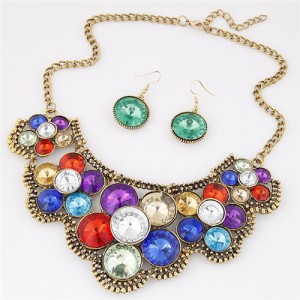 Multicolor Gems Flower Vintage Fashion Alloy Short Necklace and Earrings Set