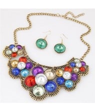 Multicolor Gems Flower Vintage Fashion Alloy Short Necklace and Earrings Set