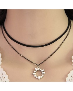 Cubic Zirconia Hollow Floral Hoop Pendant Dual Layer Fashion Necklace