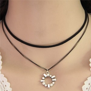 Cubic Zirconia Hollow Floral Hoop Pendant Dual Layer Fashion Necklace