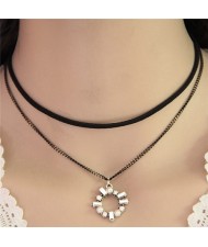Cubic Zirconia Hollow Floral Hoop Pendant Dual Layer Fashion Necklace