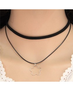 Hollow Alloy Flower Pendant Dual-layer Fashion Necklace - Silver
