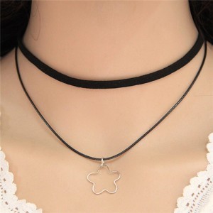 Hollow Alloy Flower Pendant Dual-layer Fashion Necklace - Silver