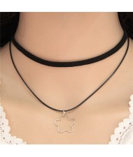 Hollow Alloy Flower Pendant Dual-layer Fashion Necklace - Silver
