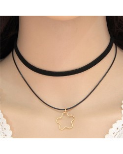 Hollow Alloy Flower Pendant Dual-layer Fashion Necklace - Golden