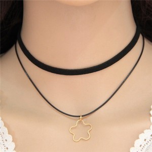 Hollow Alloy Flower Pendant Dual-layer Fashion Necklace - Golden