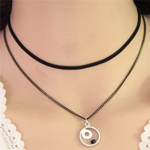 Artistic Hollow Design Round Pendant Dual Layers Fashion Necklace