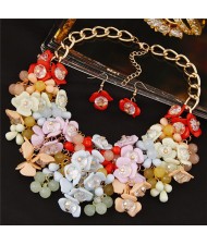 Resin and Crystal Assorted Flowers Cluster Design Golden Alloy Short Fashion Necklace - Multicolor