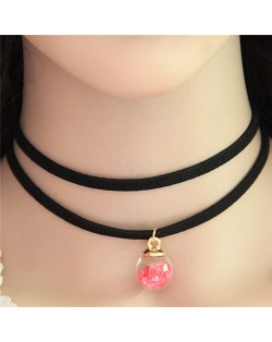 Wish Crystal Beads Inside Glass Ball Pendant Two Layers Costume Fashion Necklace - Pink