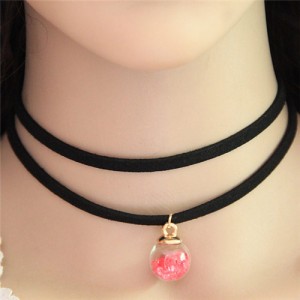 Wish Crystal Beads Inside Glass Ball Pendant Two Layers Costume Fashion Necklace - Pink