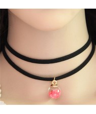Wish Crystal Beads Inside Glass Ball Pendant Two Layers Costume Fashion Necklace - Pink