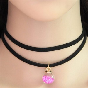 Wish Crystal Beads Inside Glass Ball Pendant Two Layers Costume Fashion Necklace - Violet