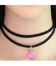 Wish Crystal Beads Inside Glass Ball Pendant Two Layers Costume Fashion Necklace - Violet