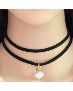 Wish Crystal Beads Inside Glass Ball Pendant Two Layers Costume Fashion Necklace - White