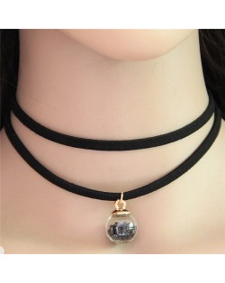 Wish Crystal Beads Inside Glass Ball Pendant Two Layers Costume Fashion Necklace - Black