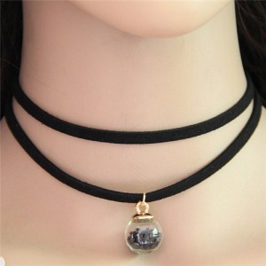Wish Crystal Beads Inside Glass Ball Pendant Two Layers Costume Fashion Necklace - Black