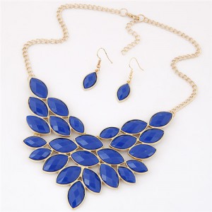 Golden Rim Resin Leaves Design Fashion Necklace and Earrings Set - Blue