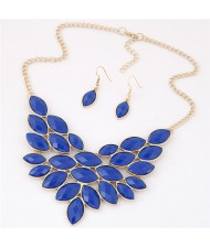Golden Rim Resin Leaves Design Fashion Necklace and Earrings Set - Blue