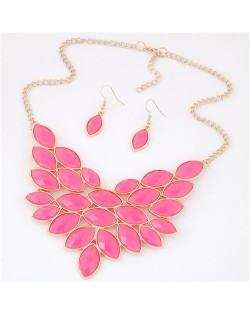 Golden Rim Resin Leaves Design Fashion Necklace and Earrings Set - Pink