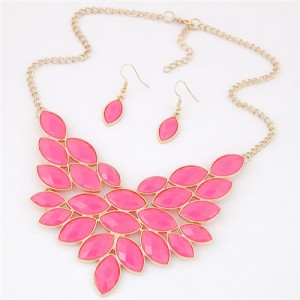 Golden Rim Resin Leaves Design Fashion Necklace and Earrings Set - Pink