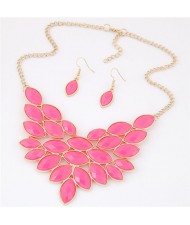 Golden Rim Resin Leaves Design Fashion Necklace and Earrings Set - Pink
