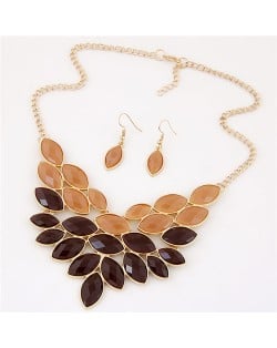 Golden Rim Resin Leaves Design Fashion Necklace and Earrings Set - Brown