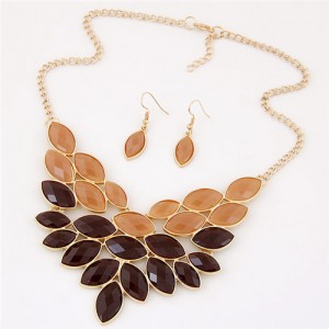 Golden Rim Resin Leaves Design Fashion Necklace and Earrings Set - Brown