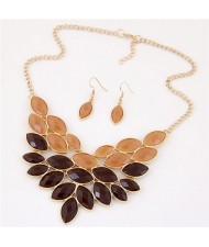 Golden Rim Resin Leaves Design Fashion Necklace and Earrings Set - Brown