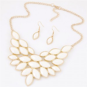 Golden Rim Resin Leaves Design Fashion Necklace and Earrings Set - White