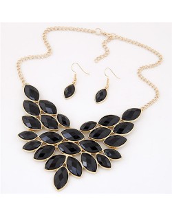 Golden Rim Resin Leaves Design Fashion Necklace and Earrings Set - Black