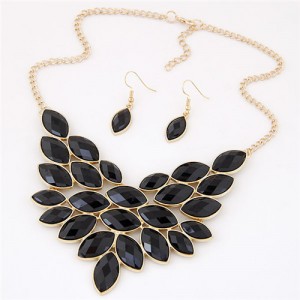 Golden Rim Resin Leaves Design Fashion Necklace and Earrings Set - Black