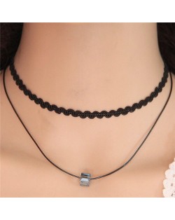 Two Layers Magic Crystal Cubic Pendant Rope Fashion Necklace - Gray