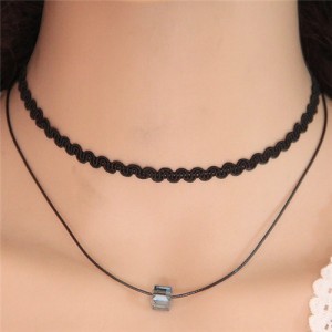 Two Layers Magic Crystal Cubic Pendant Rope Fashion Necklace - Gray