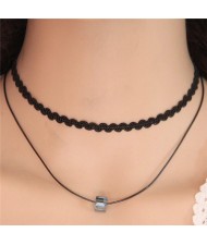 Two Layers Magic Crystal Cubic Pendant Rope Fashion Necklace - Gray
