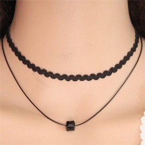 Two Layers Magic Crystal Cubic Pendant Rope Fashion Necklace - Black