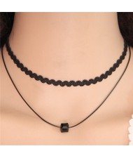 Two Layers Magic Crystal Cubic Pendant Rope Fashion Necklace - Black