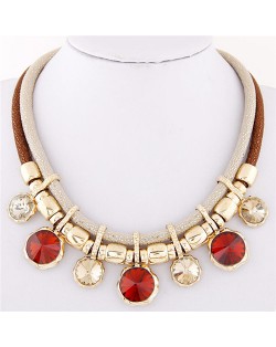 Colorful Round Gems Embellished Dual Layers Statement Fashion Necklace - Brown
