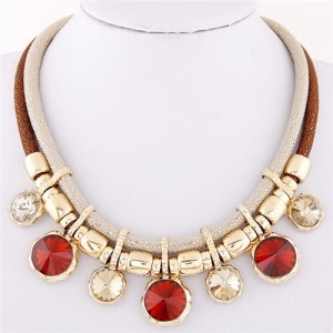 Colorful Round Gems Embellished Dual Layers Statement Fashion Necklace - Brown