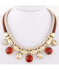 Colorful Round Gems Embellished Dual Layers Statement Fashion Necklace - Brown