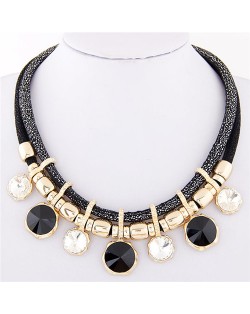Colorful Round Gems Embellished Dual Layers Statement Fashion Necklace - Black