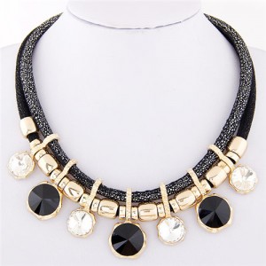 Colorful Round Gems Embellished Dual Layers Statement Fashion Necklace - Black