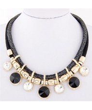 Colorful Round Gems Embellished Dual Layers Statement Fashion Necklace - Black