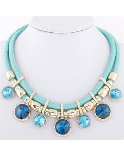 Colorful Round Gems Embellished Dual Layers Statement Fashion Necklace - Blue