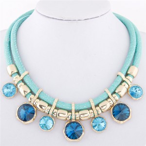 Colorful Round Gems Embellished Dual Layers Statement Fashion Necklace - Blue