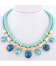 Colorful Round Gems Embellished Dual Layers Statement Fashion Necklace - Blue